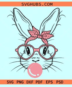 Bunny with bandana and glasses svg, Bunny with glasses svg, bunny with bubblegum svg