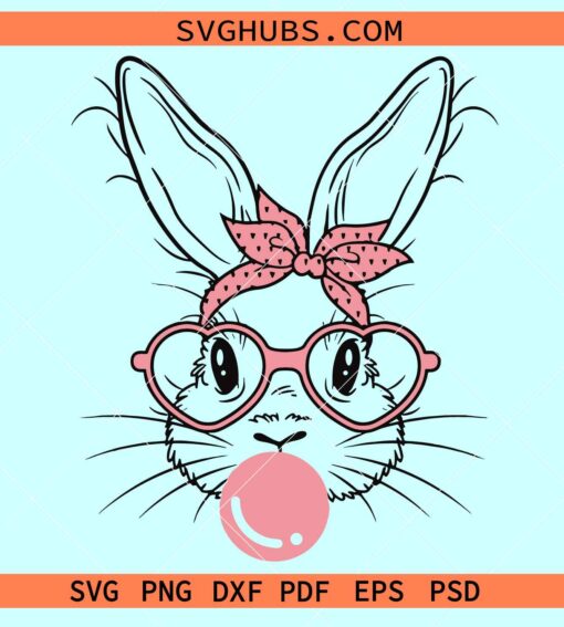 Bunny with bandana and glasses svg, Bunny with glasses svg, bunny with bubblegum svg