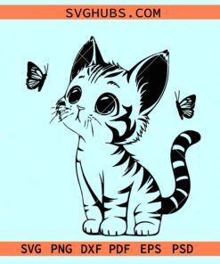 Kitten Playing Butterfly Svg, curious cat svg, cute kitten svg, Butterflies and cat SVG