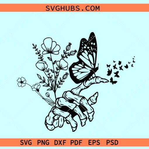 Skull hand butterflies SVG, floral skeleton hand svg, gothic skull butterflies svg