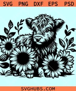 Baby highland cow with sunflowers SVG, Happy Mothers Day SVG, highland cow with Sunflowers svg