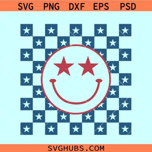 Retro 4th of July smiley face SVG, checkered 4th of July smiley svg, patriotic smiley face svg