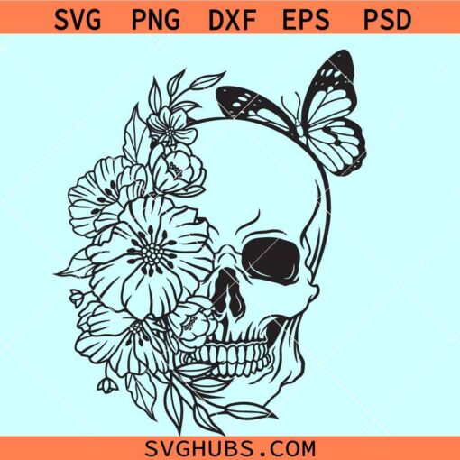 Skull with flowers and butterfly SVG, skull floral SVG, skull with butterfly svg