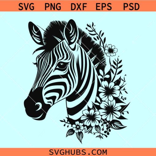 Zebra head floral SVG, Zebra with flowers svg, floral zebra svg
