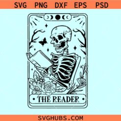 The Reader Tarot Card Skeleton SVG, book lover svg, Skeleton Reading book SVG