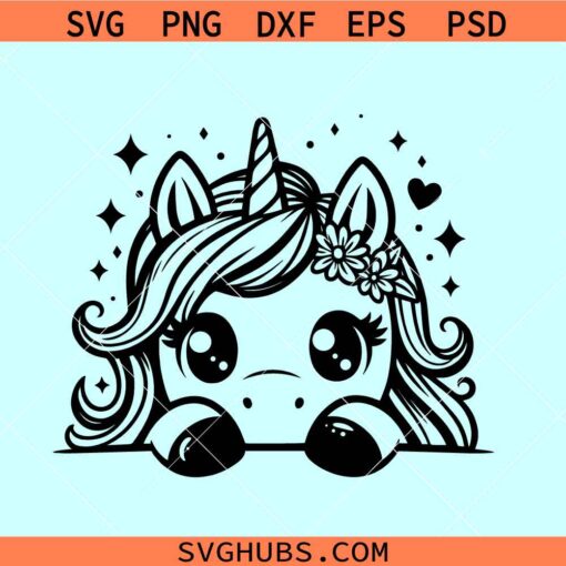 Peeking cute unicorn SVG, unicorn face svg, rainbow unicorn head svg