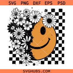 Floral fall smiley face SVG, Daisy Smiley SVG, Checkered Fall SVG  