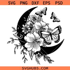Floral moon butterflies SVG, celestial SVG, crescent moon svg, butterfly with flowers svg