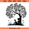 Book Lover SVG , Reading Under Tree Silhouette svg, Butterfly Book Art svg