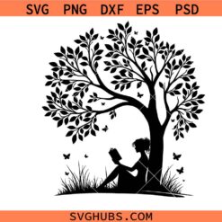 Book Lover SVG , Reading Under Tree Silhouette svg, Butterfly Book Art svg