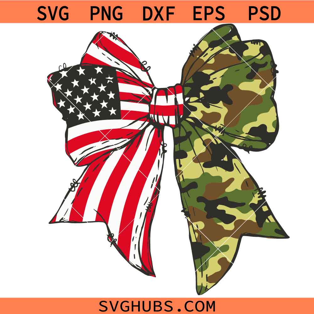 Patriotic Camouflage Coquette Bow svg png, 4th of July Freedom Ribbon svg, American Coquette Bow Flag svg