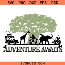 Adventure Awaits Monkey Elephant Mouse and Giraffe Trip Svg Png, Animal Kingdom Family Wild Vacation Trip Svg Png