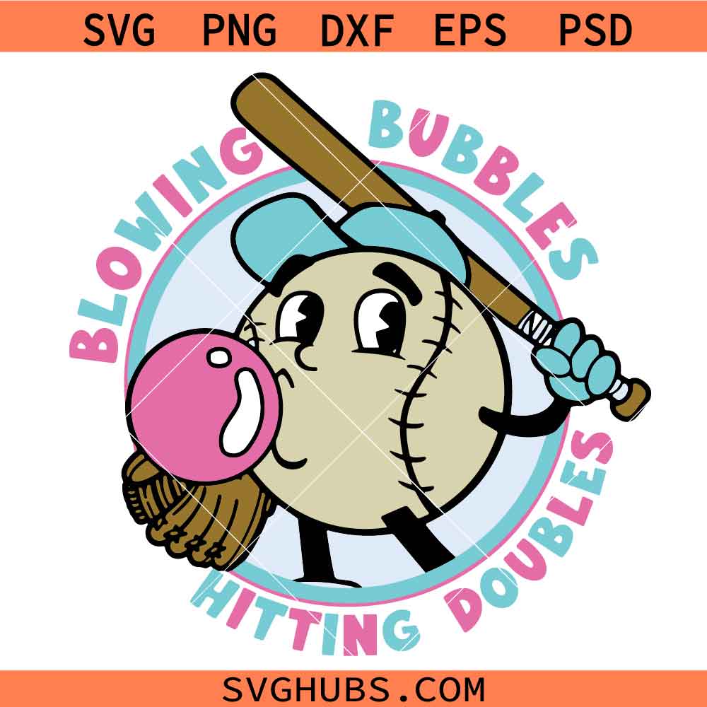 Hitting Doubles And Blowing Bubbles Svg Png, Retro Baseball Svg, Baseball Svg