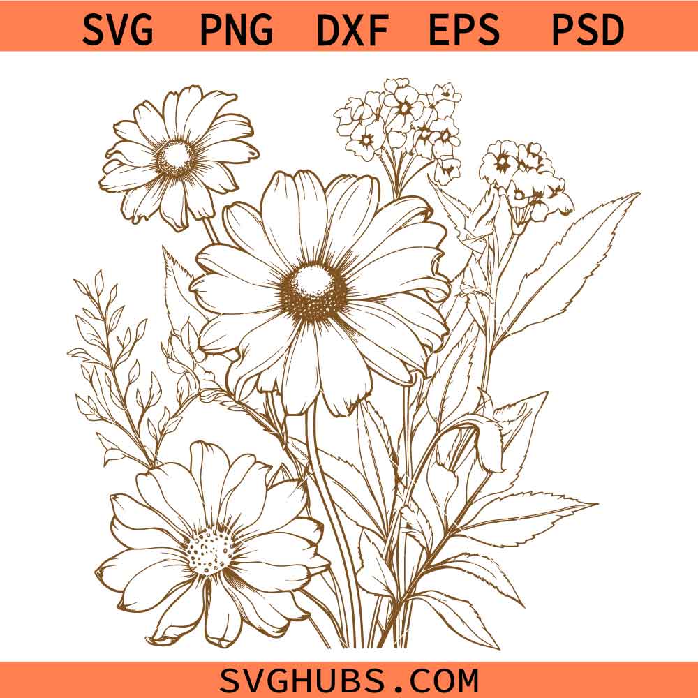 Retro Outline Wildflower Bouquet SVG, Floral SVG, Wildflower Svg, Stay Wild Svg, Wildflower Bouquet Outline SVG
