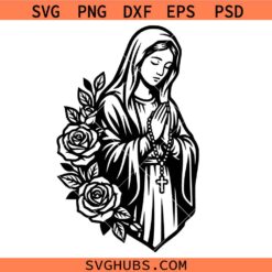 Virgin Mary with Roses Praying Svg Png, Religious Christian Svg Png, Catholic Svg Png
