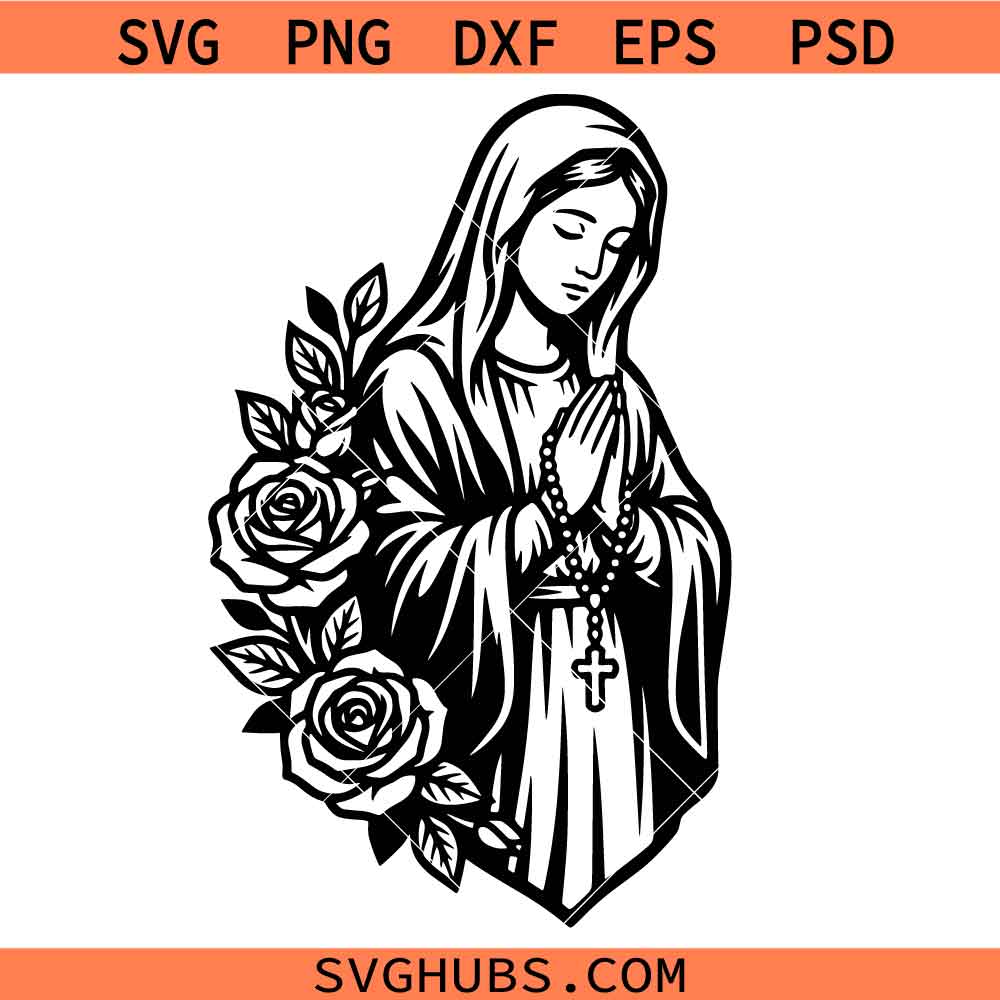 Virgin Mary with Roses Praying Svg Png, Religious Christian Svg Png, Catholic Svg Png
