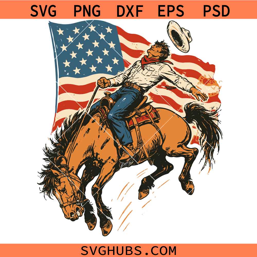 4th of July Cowboy svg, Patriotic Bucking Horse SVG, American Flag Western svg