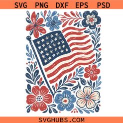 American Flag Floral SVG PNG, Folk Art Patriotic Shirt, Wildflower Red White Blue Botanical svg png