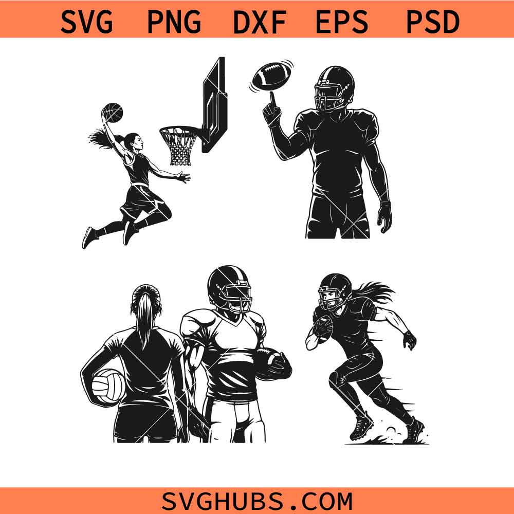 Sports vector bundle, American football svg, Female basketball player svg, Volleyball player svg, Football player svg