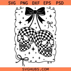 Coquette Checkered Cherry Skull SVG, Gothic Coquette Skull Cherries SVG, Halloween Cherry SVG