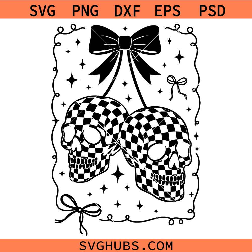 Coquette Checkered Cherry Skull SVG, Gothic Coquette Skull Cherries SVG, Halloween Cherry SVG