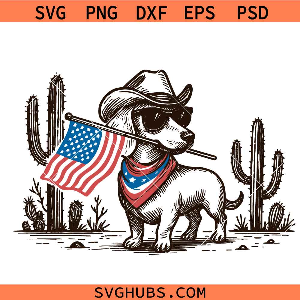 Cowboy Dog USA Flag Western svg, 4th of July Patriotic Dachshund svg, Red White Blue Dog Independence Day svg