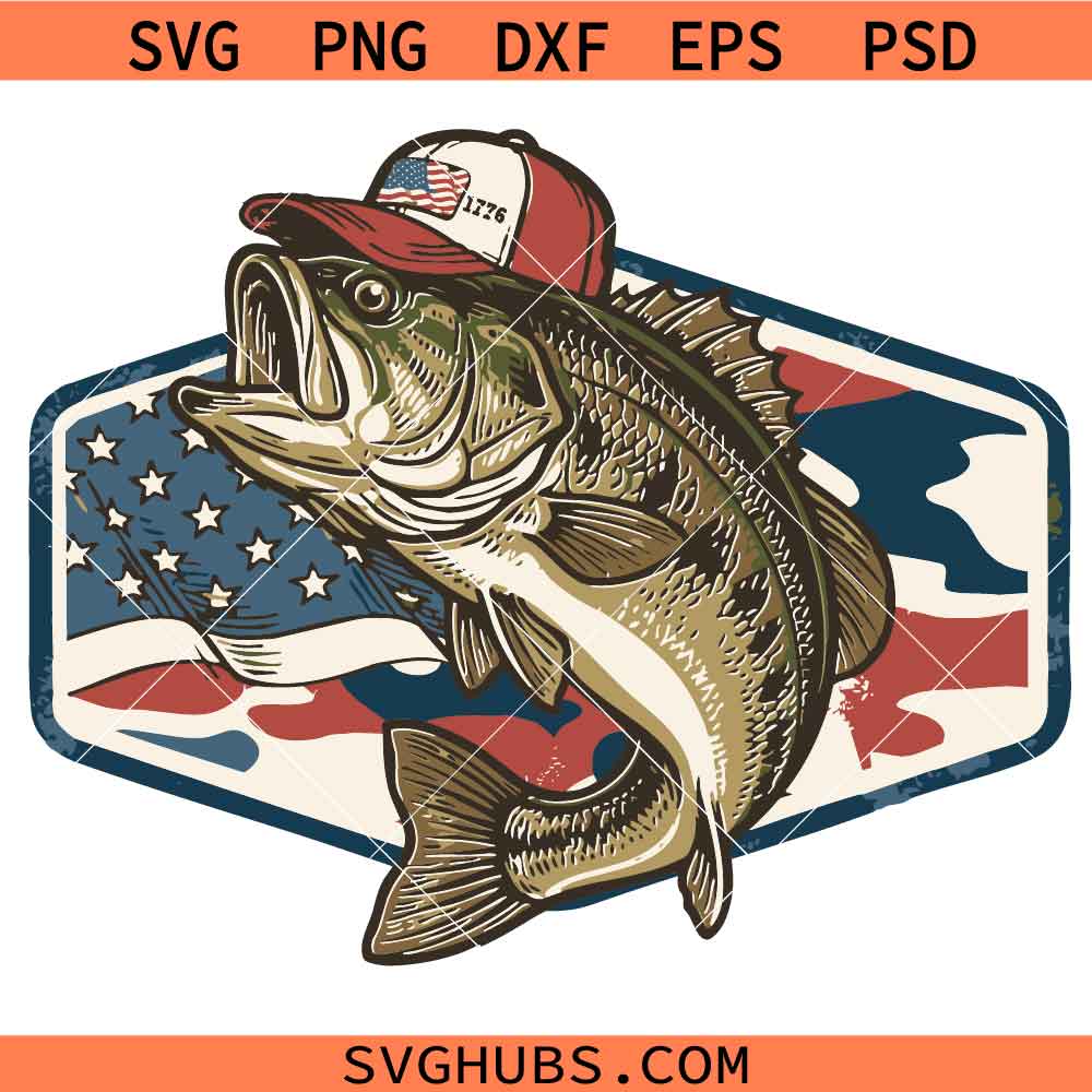 Patriotic Camo Bass Fishing SVG, American Flag Bass Fishing SVG, Funny Patriotic Shirt SVG