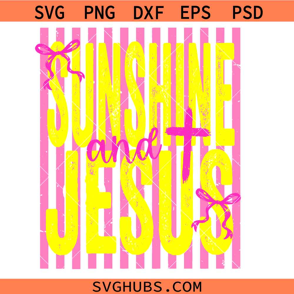 Sunshine And Jesus Pink Yellow Preppy Stripes Coquette Bow svg, Cute Bow Smiley svg, Pink Striped Summer svg