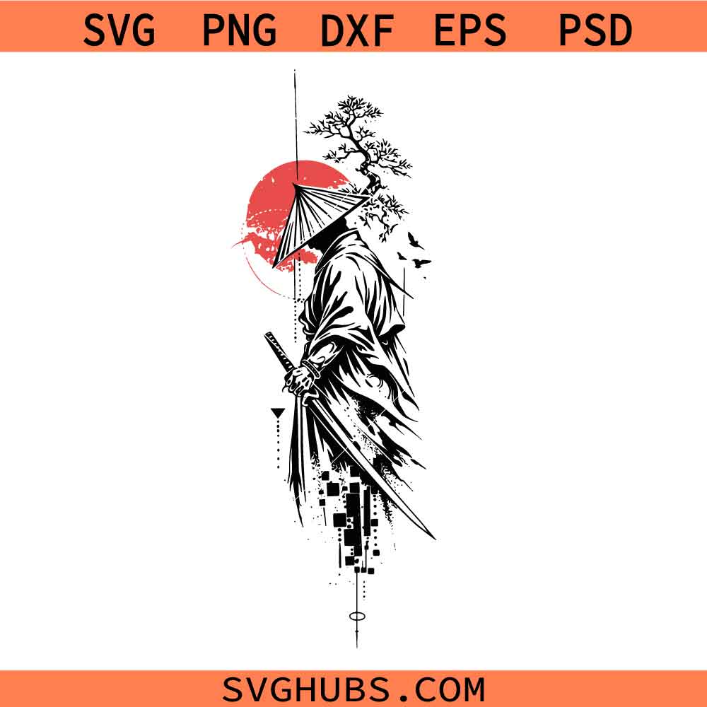 Samurai Tattoo Design PNG SVG, Japanese Warrior svg, Red Sun SVG