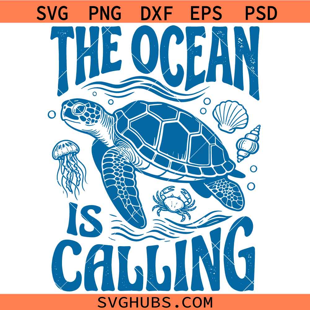 The Ocean is Calling Retro Turtle SVG, Ocean Lover SVG, Marine Life SVG