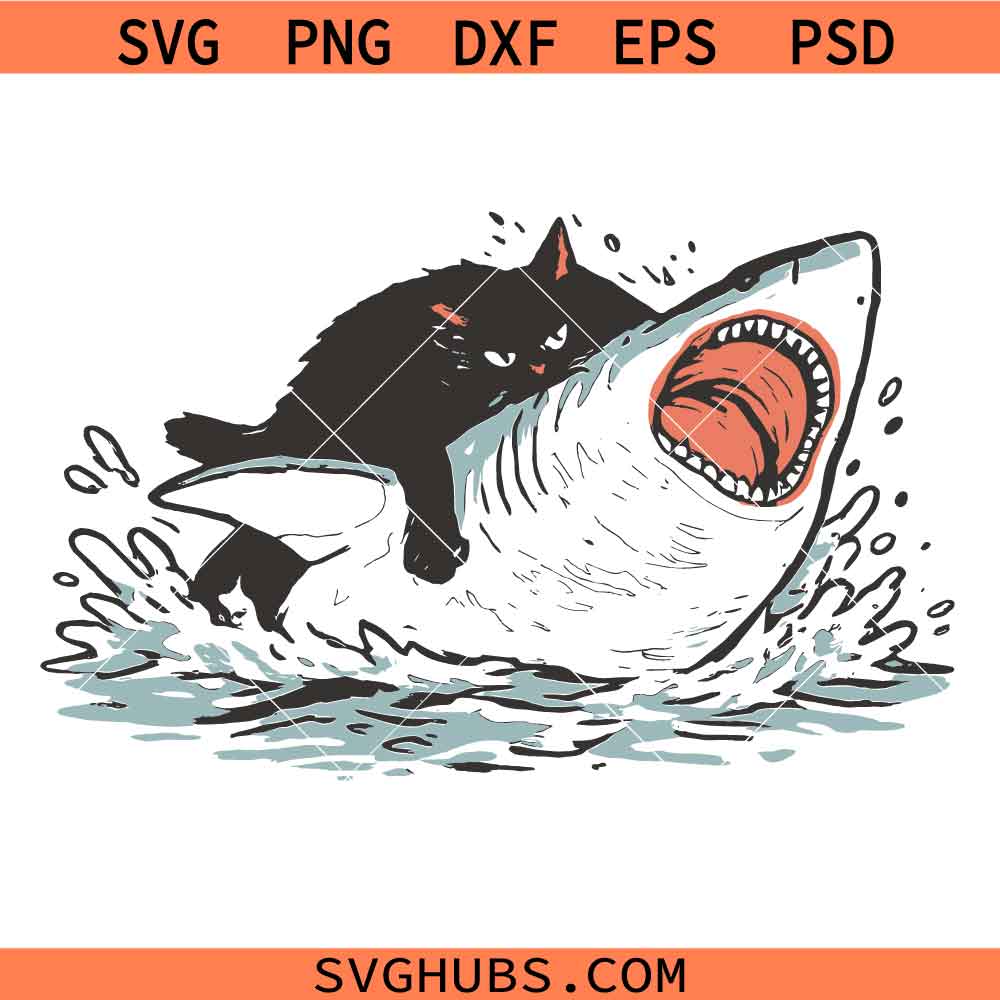 Cat Riding Shark SVG, Witchy Cat SVG, Black Cat SVG, Funny Animal Lover SVG