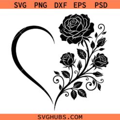 Floral Heart SVG, Black Rose Silhouette SVG, Heart Wreath Svg, Flower Heart SVG