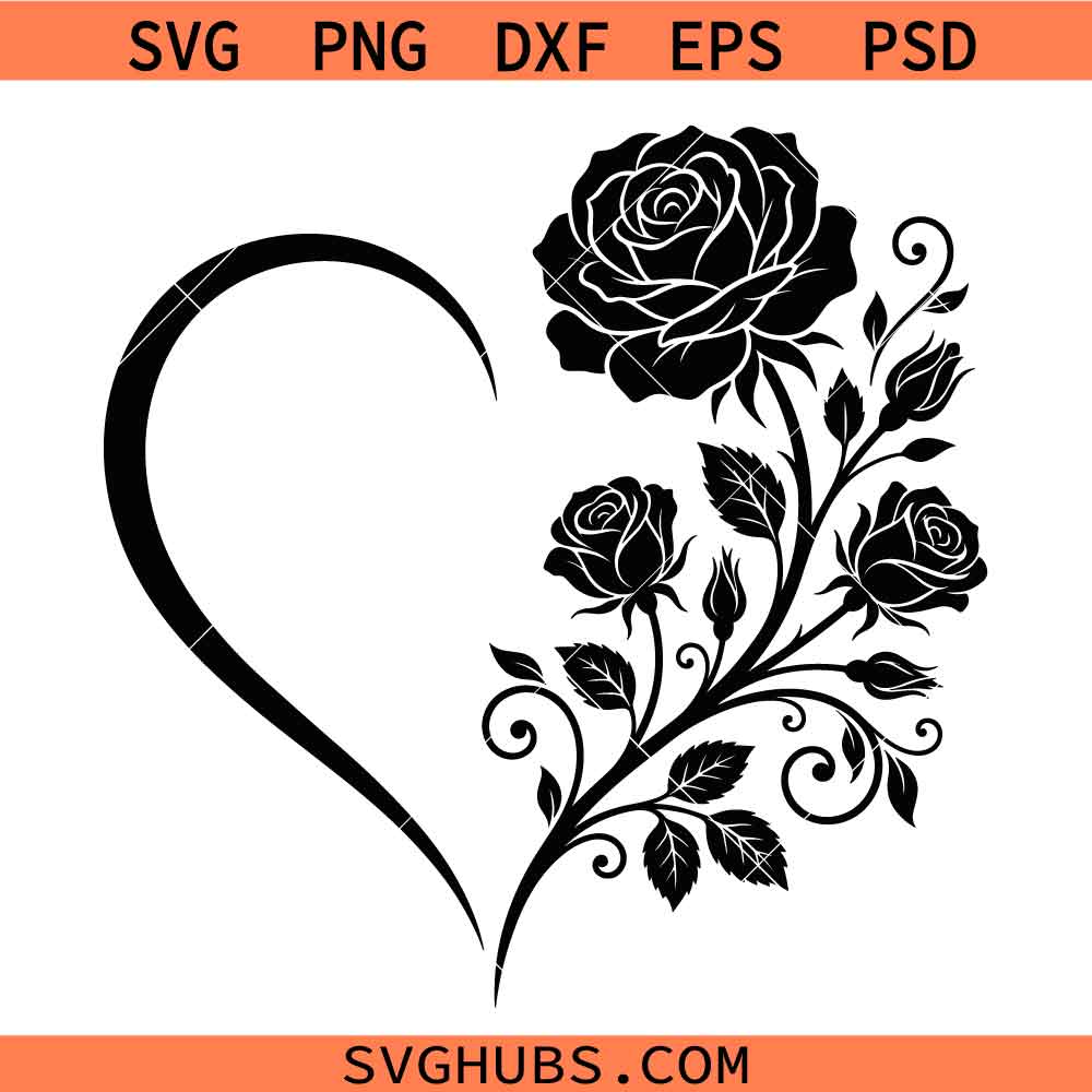 Floral Heart SVG, Black Rose Silhouette SVG, Heart Wreath Svg, Flower Heart SVG