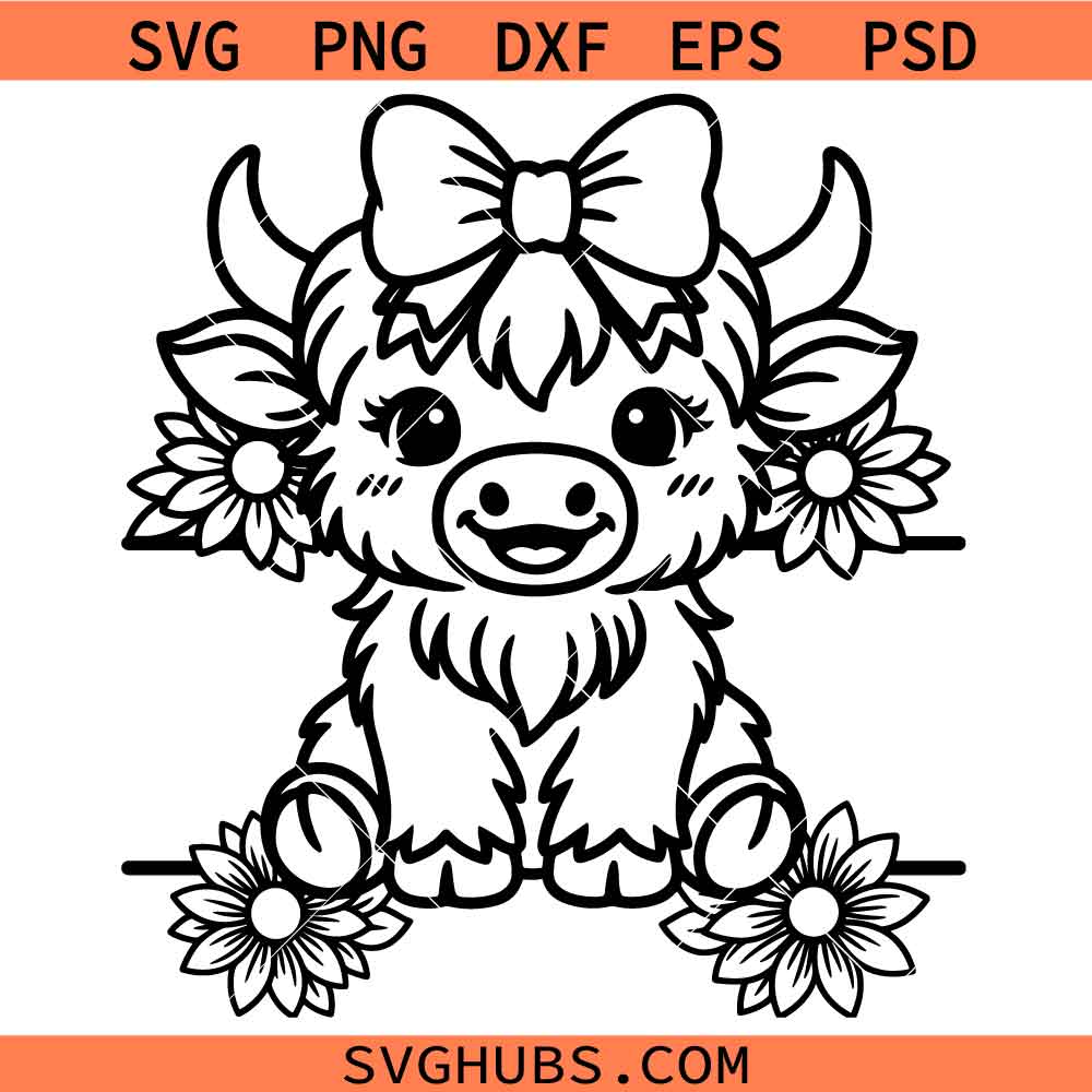 Highland cow with flowers SVG, Highland Heifer SVG, Floral Highland Cow SVG, Cowgirl SVG